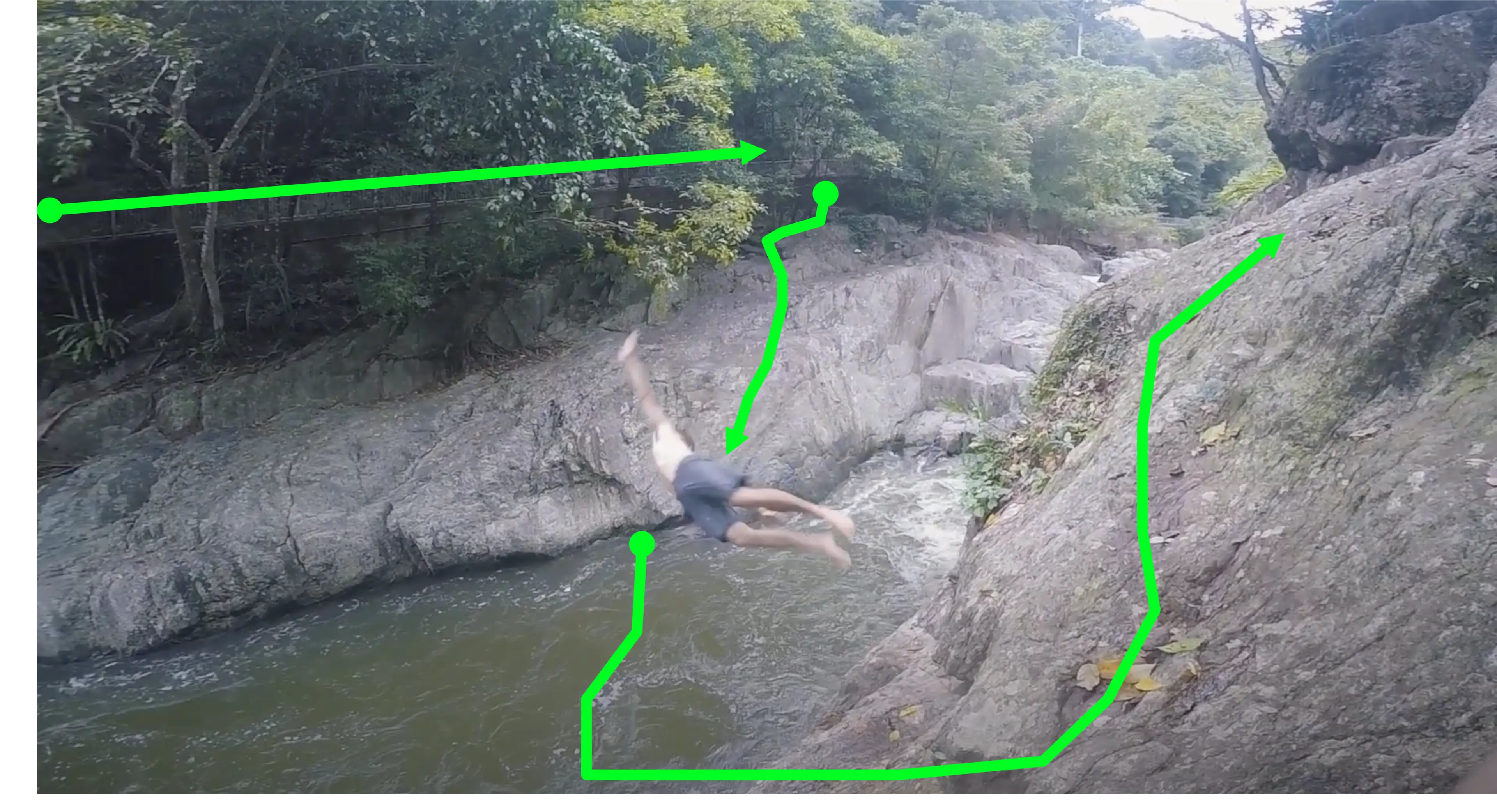 Cliff jump spot at Crystal Cascades with 'No Fear' graffiti and deep water below.