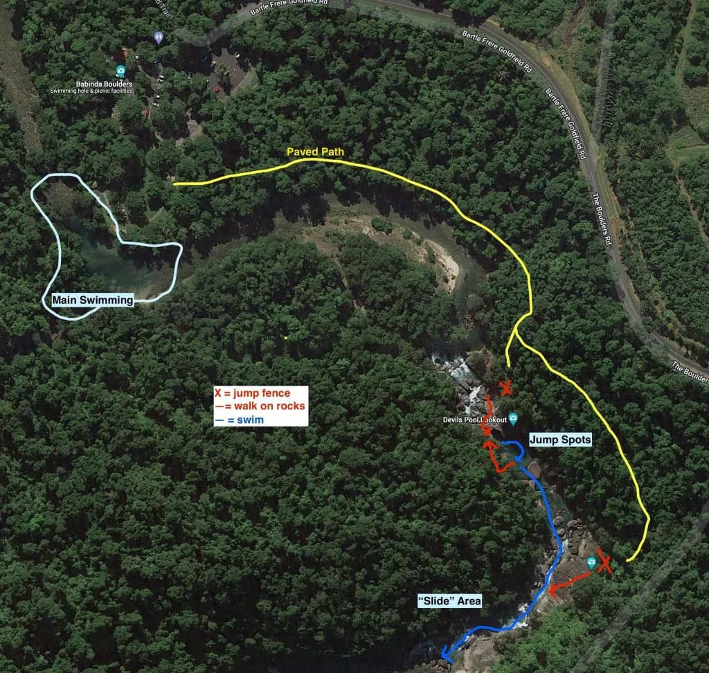 Map showing Babinda Boulders’ swimming holes, Devil’s Pool, and access points.