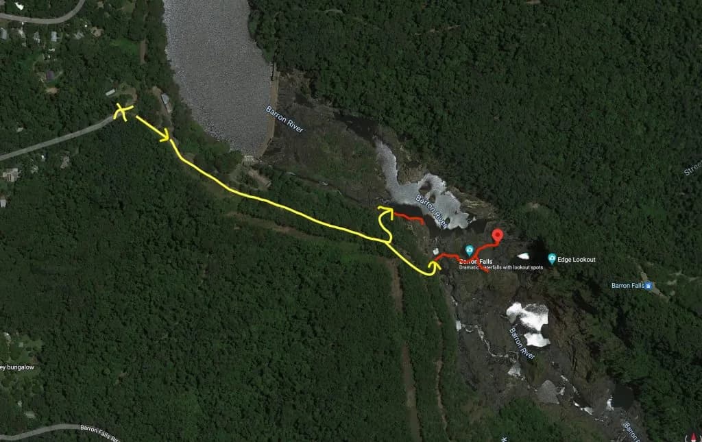 Map showing approach to Barron Falls' top water swimming spots and access routes.