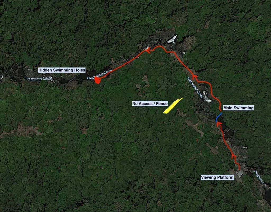 Map showing Crystal Cascades, Fairy Falls, and secret top waterhole section.