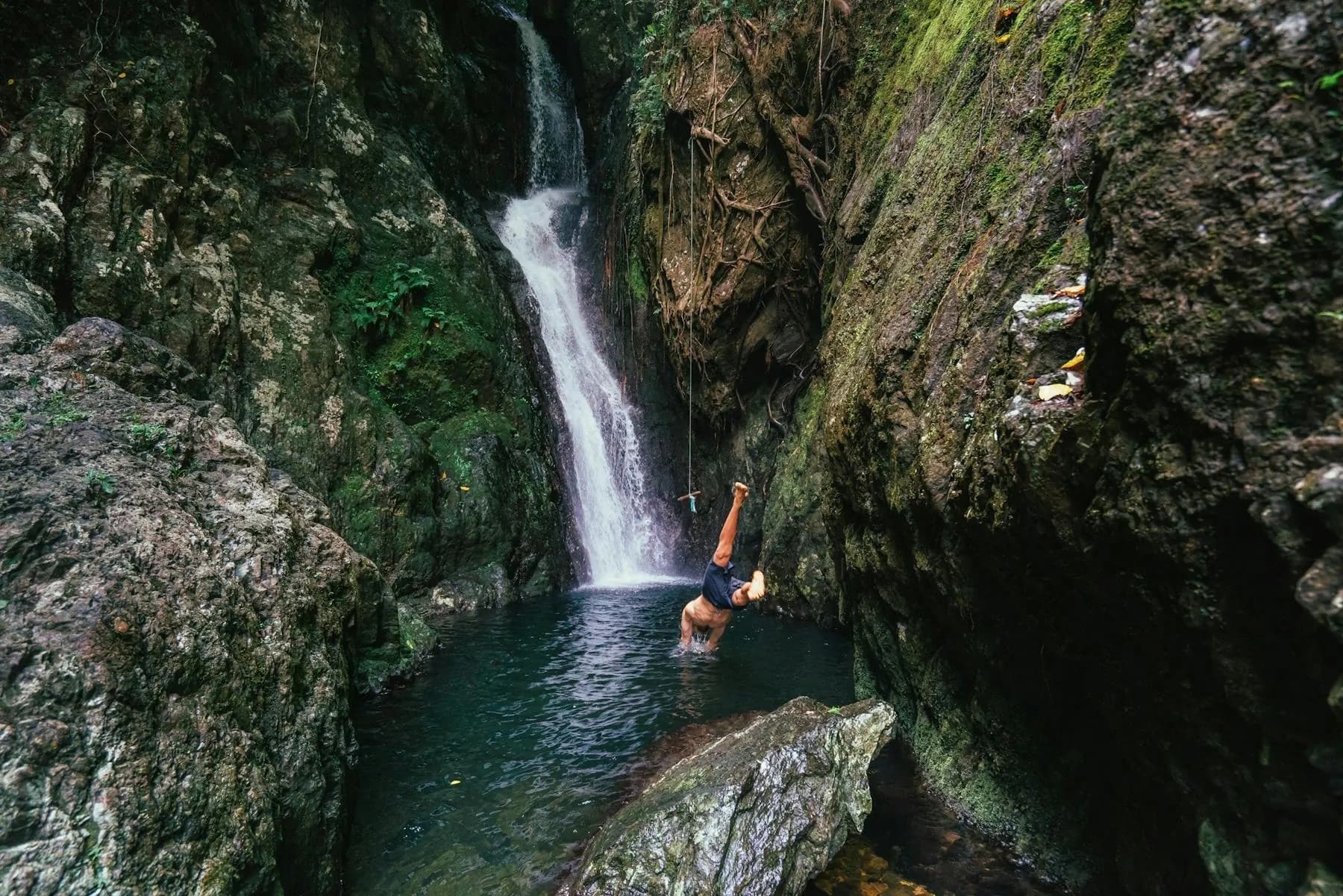 Secluded swimming spot at Fairy Falls with lush rainforest.